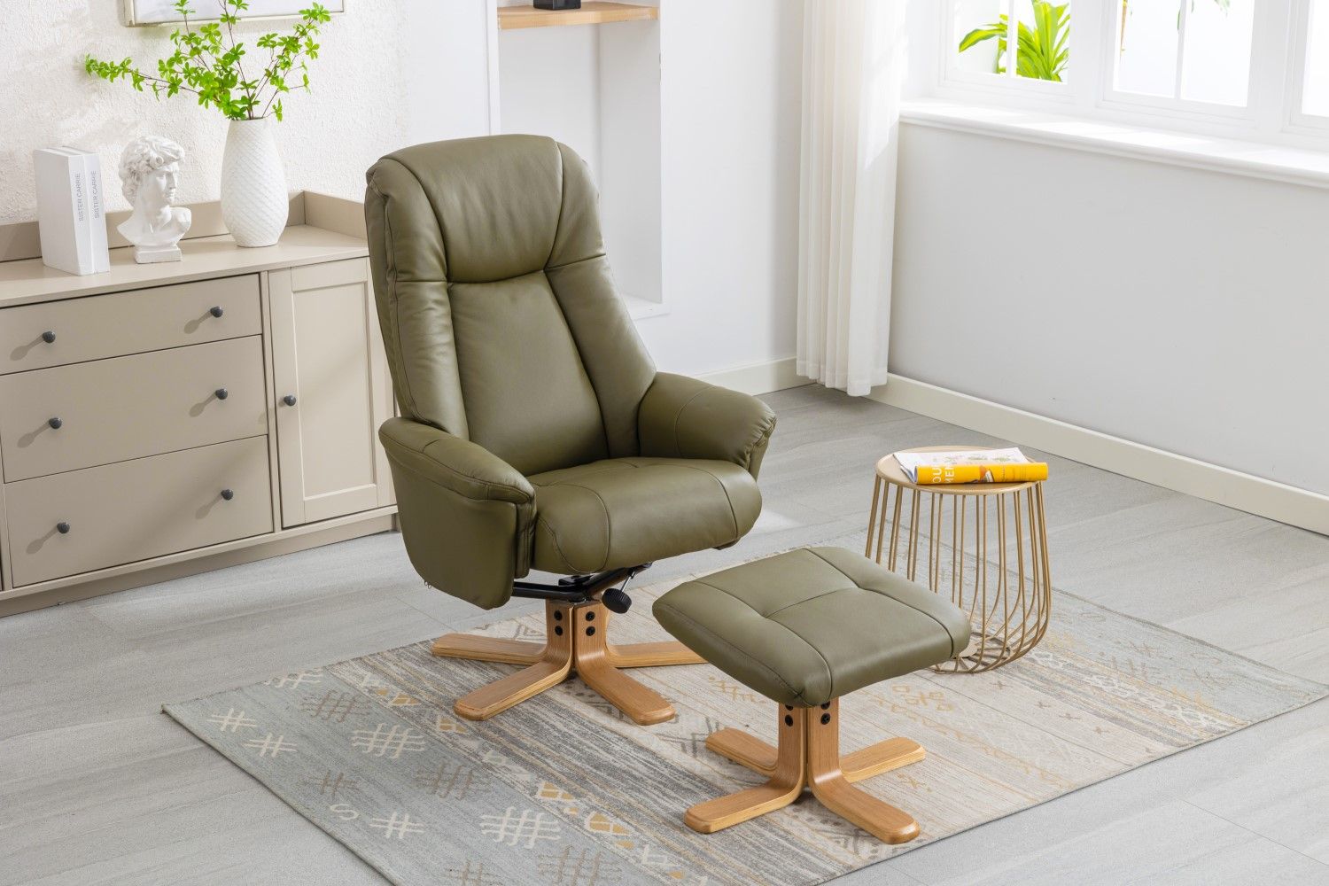 Olive Green Leather Swivel Recliner with Footstool Oak Base