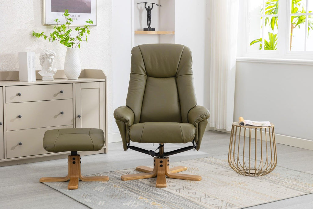 Olive Green Leather Swivel Recliner with Footstool Oak Base