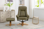 Olive Green Leather Swivel Recliner with Footstool Oak Base - Home Furniture Interiors
