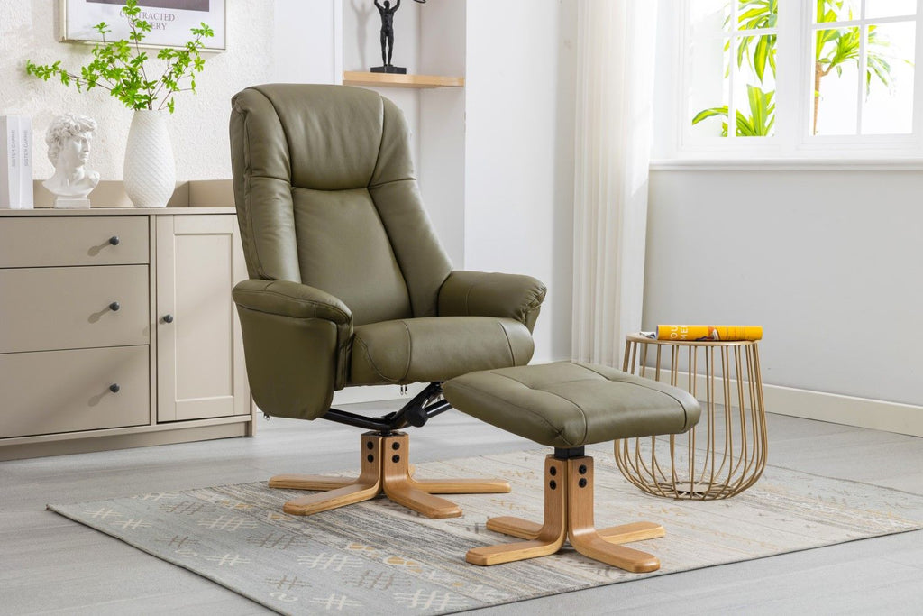 Olive Green Leather Swivel Recliner with Footstool Oak Base