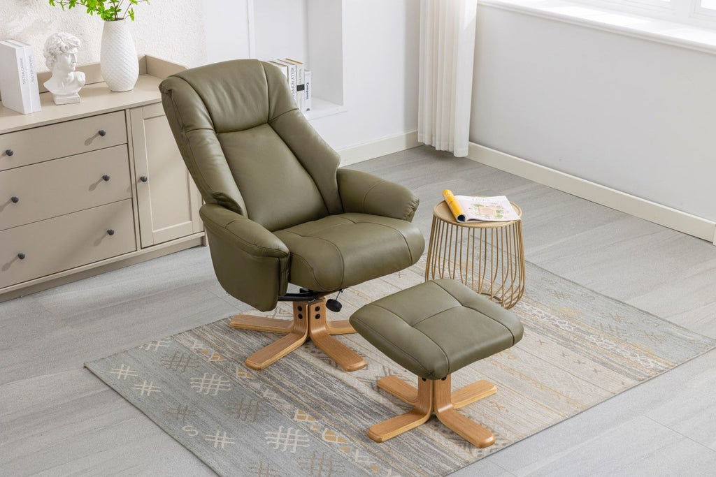 Olive Green Leather Swivel Recliner with Footstool Oak Base