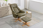 Olive Green Leather Swivel Recliner with Footstool Oak Base - Home Furniture Interiors