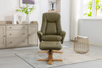 Olive Green Leather Swivel Recliner with Footstool Oak Base - Home Furniture Interiors