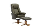 Olive Green Leather Swivel Recliner with Footstool Oak Base - Home Furniture Interiors