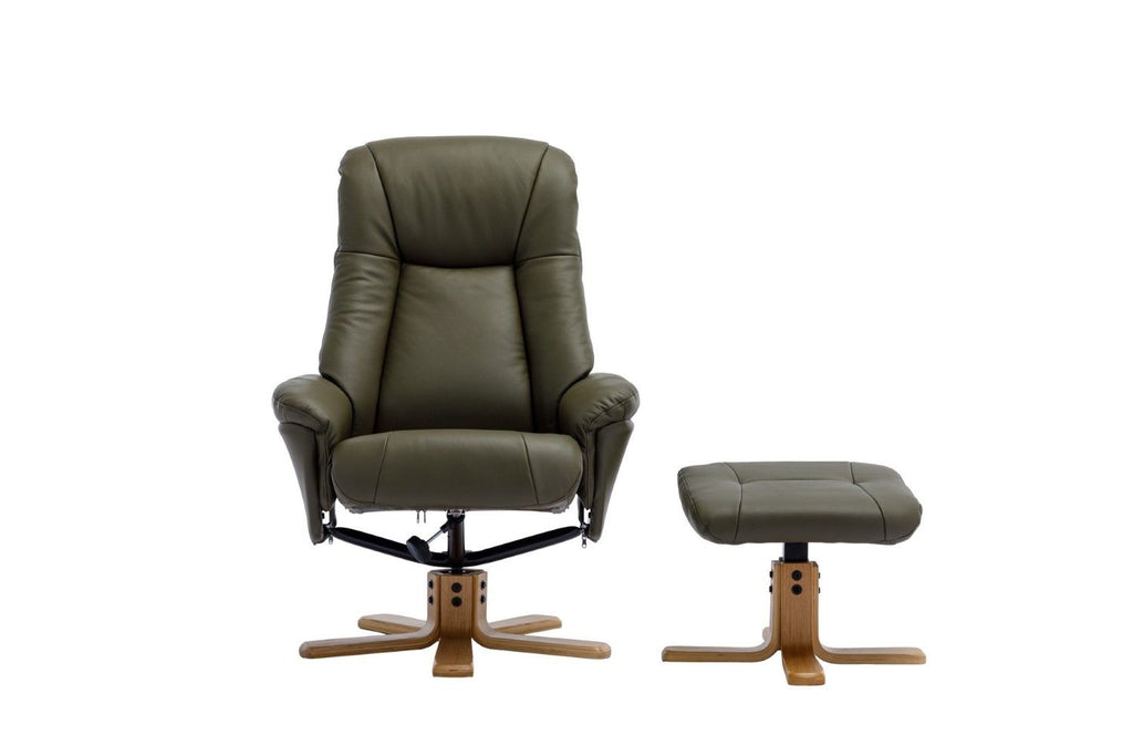 Olive Green Leather Swivel Recliner with Footstool Oak Base