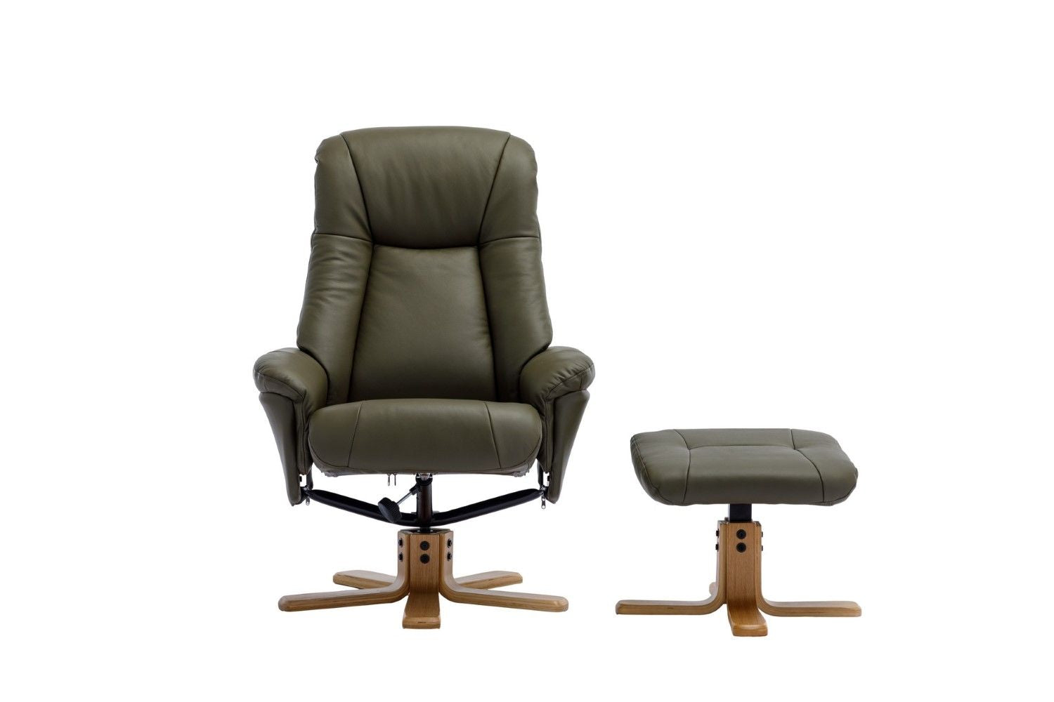 Olive Green Leather Swivel Recliner with Footstool Oak Base