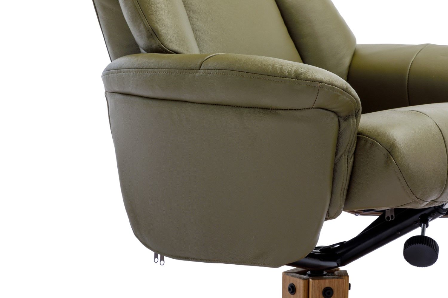 Olive Green Leather Swivel Recliner with Footstool Oak Base