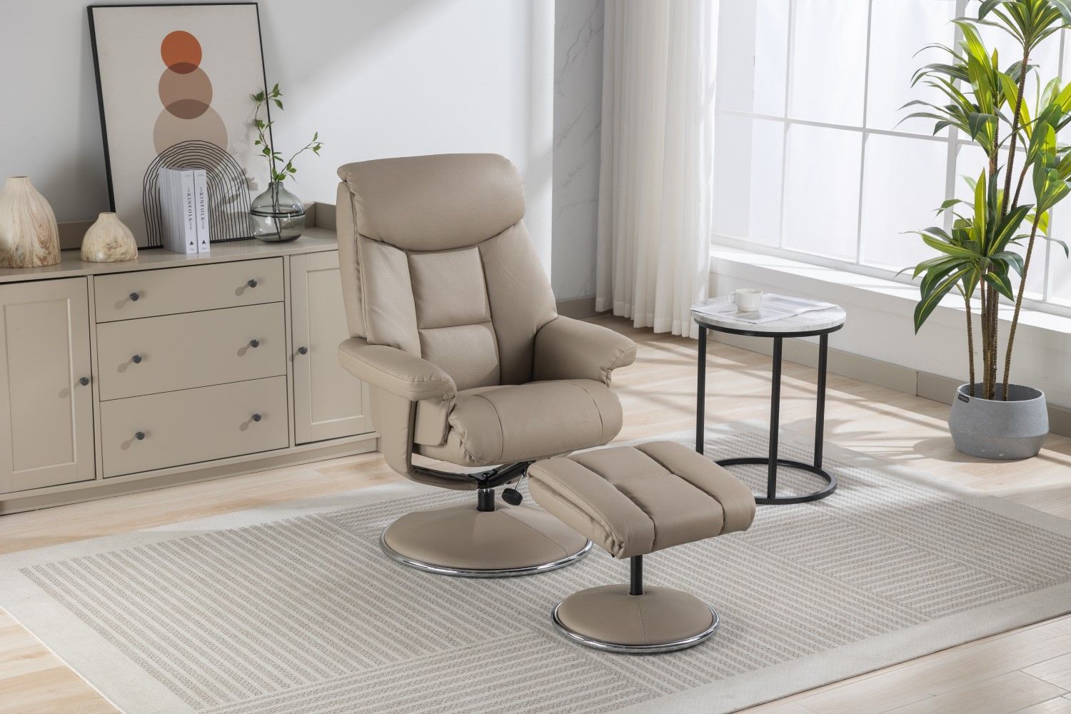 Pebble Leather Effect Recliner Swivel Chair With Footstool