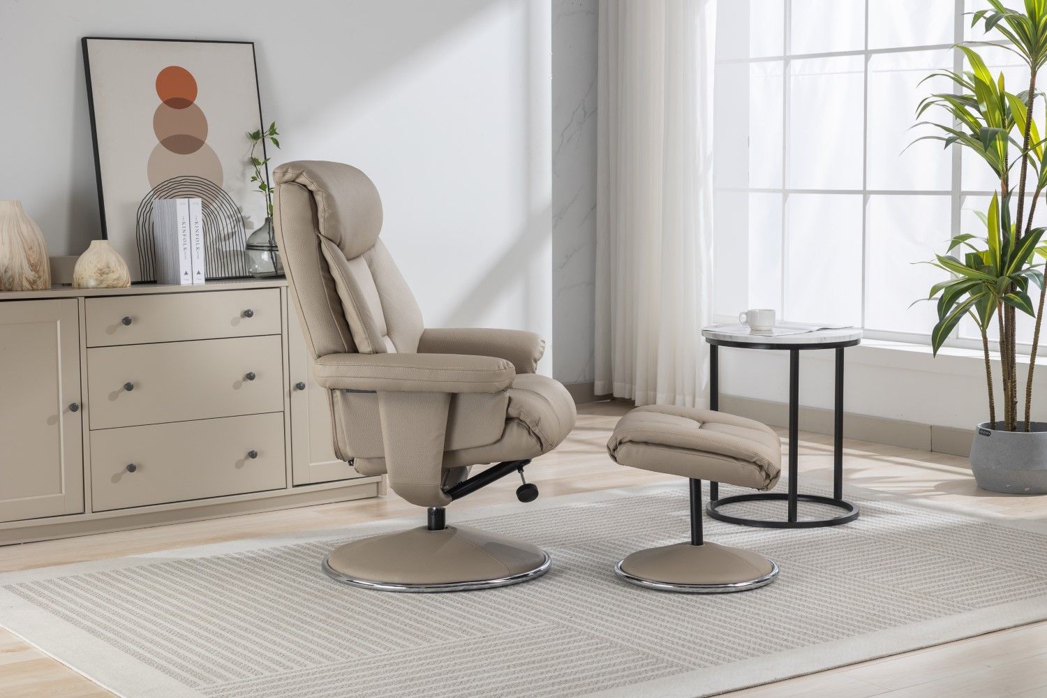 Pebble Leather Effect Recliner Swivel Chair With Footstool