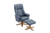 Petrol Blue Leather Swivel Recliner with Footstool Oak Base