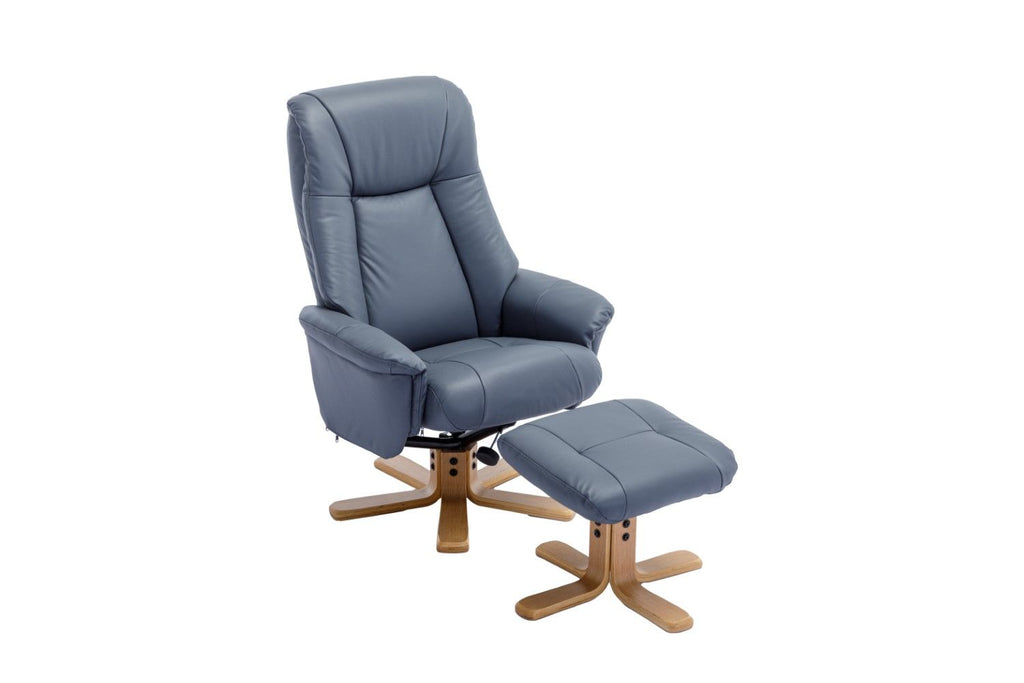 Petrol Blue Leather Swivel Recliner with Footstool Oak Base