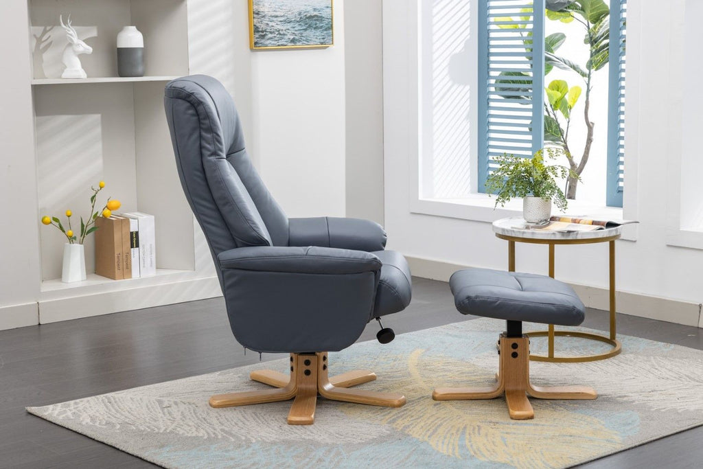 Petrol Blue Leather Swivel Recliner with Footstool Oak Base