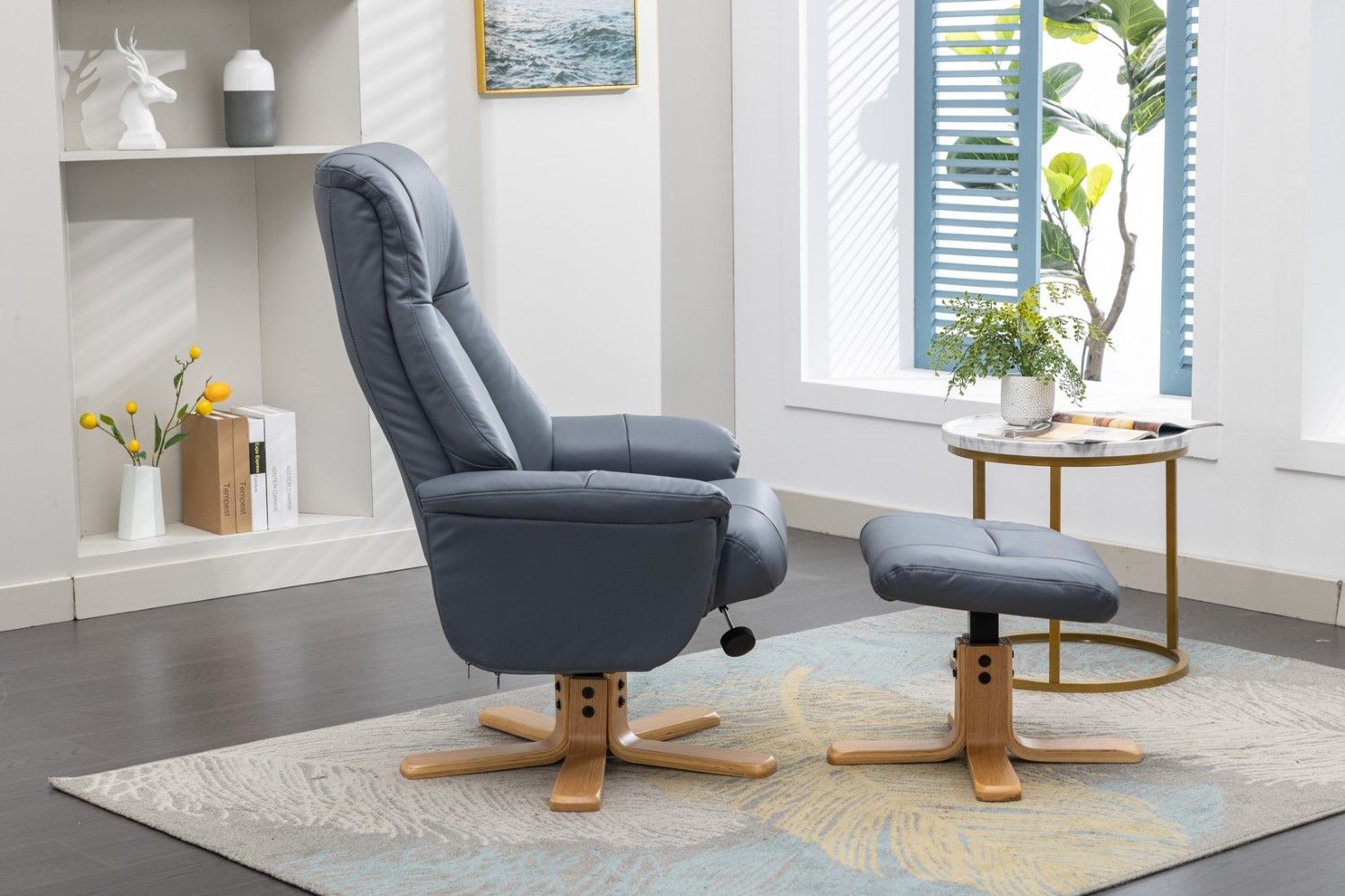 Petrol Blue Leather Swivel Recliner with Footstool Oak Base