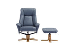 Petrol Blue Leather Swivel Recliner with Footstool Oak Base - Home Furniture Interiors