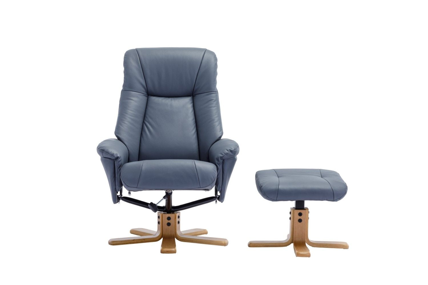 Petrol Blue Leather Swivel Recliner with Footstool Oak Base