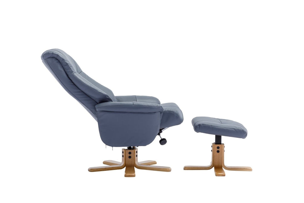 Petrol Blue Leather Swivel Recliner with Footstool Oak Base