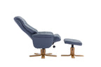 Petrol Blue Leather Swivel Recliner with Footstool Oak Base - Home Furniture Interiors