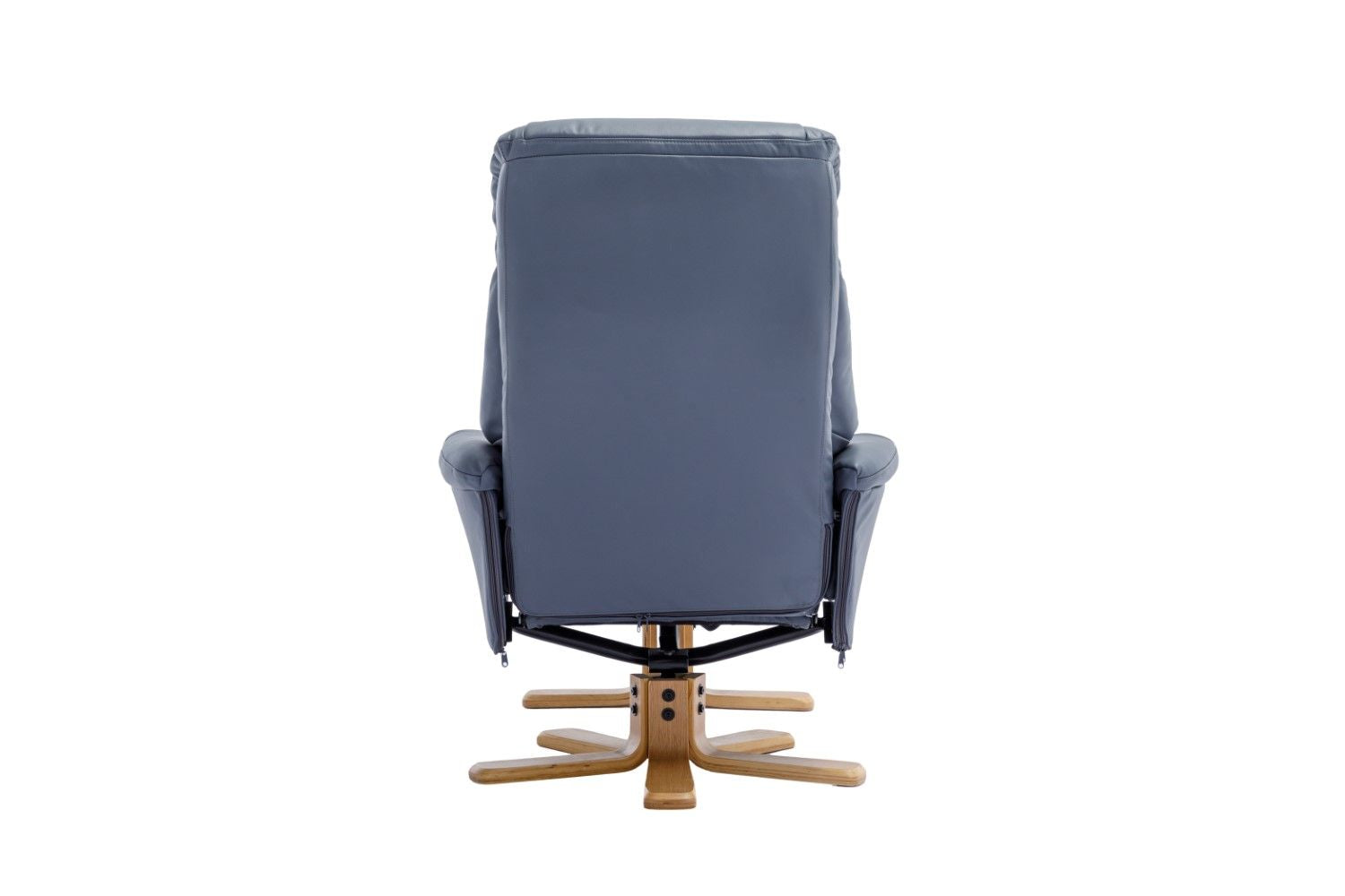 Petrol Blue Leather Swivel Recliner with Footstool Oak Base