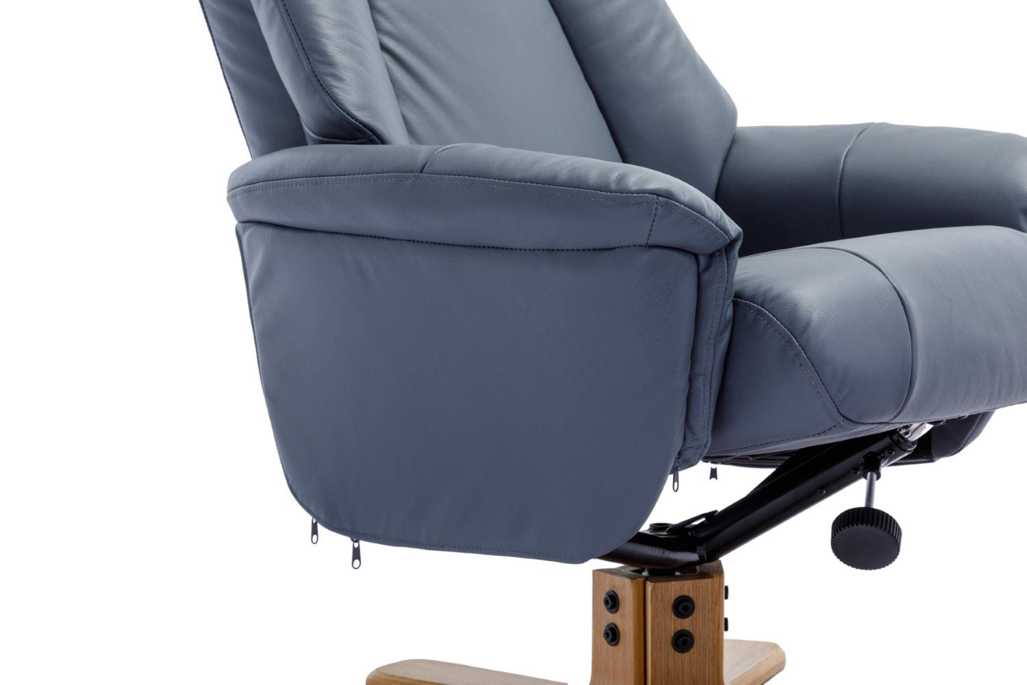 Petrol Blue Leather Swivel Recliner with Footstool Oak Base