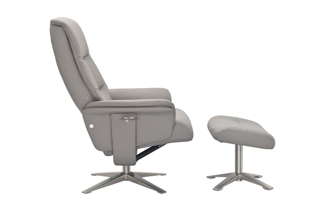 Platinum Leather Swivel Recliner Chrome Base with Footstool