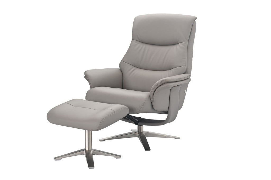 Platinum Leather Swivel Recliner Chrome Base with Footstool