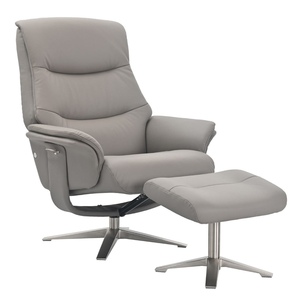 Platinum Leather Swivel Recliner Chrome Base with Footstool
