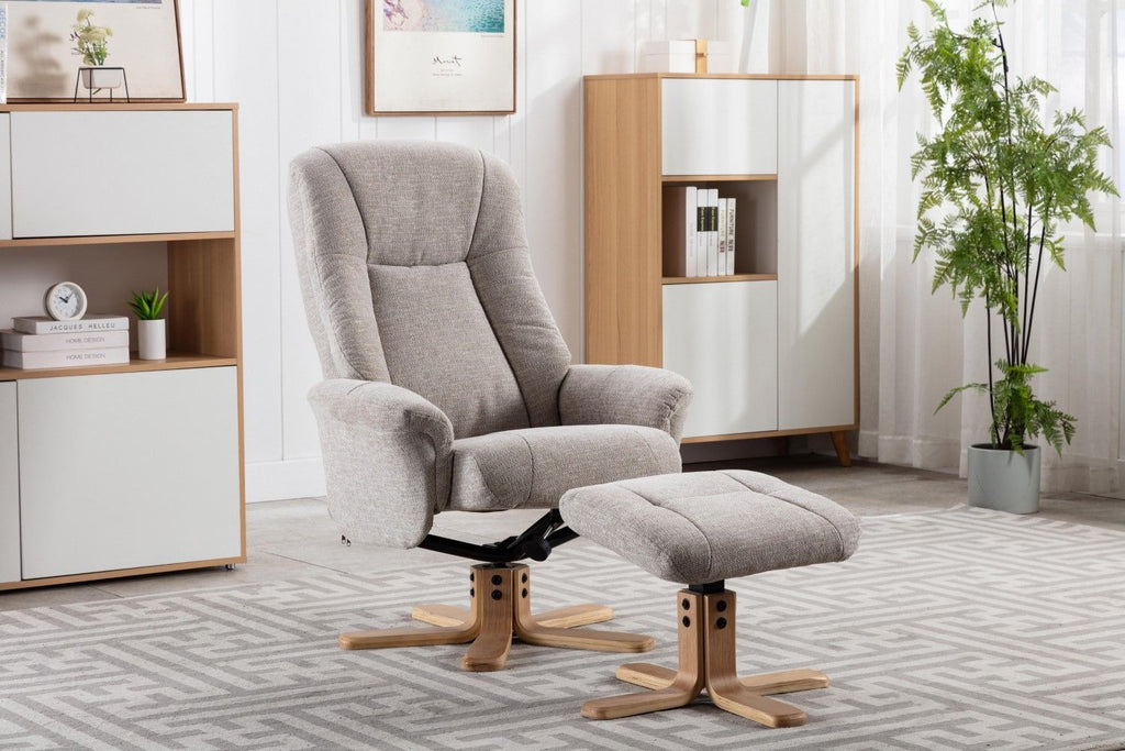 Sand Fabric Swivel Recliner with Footstool Oak Base