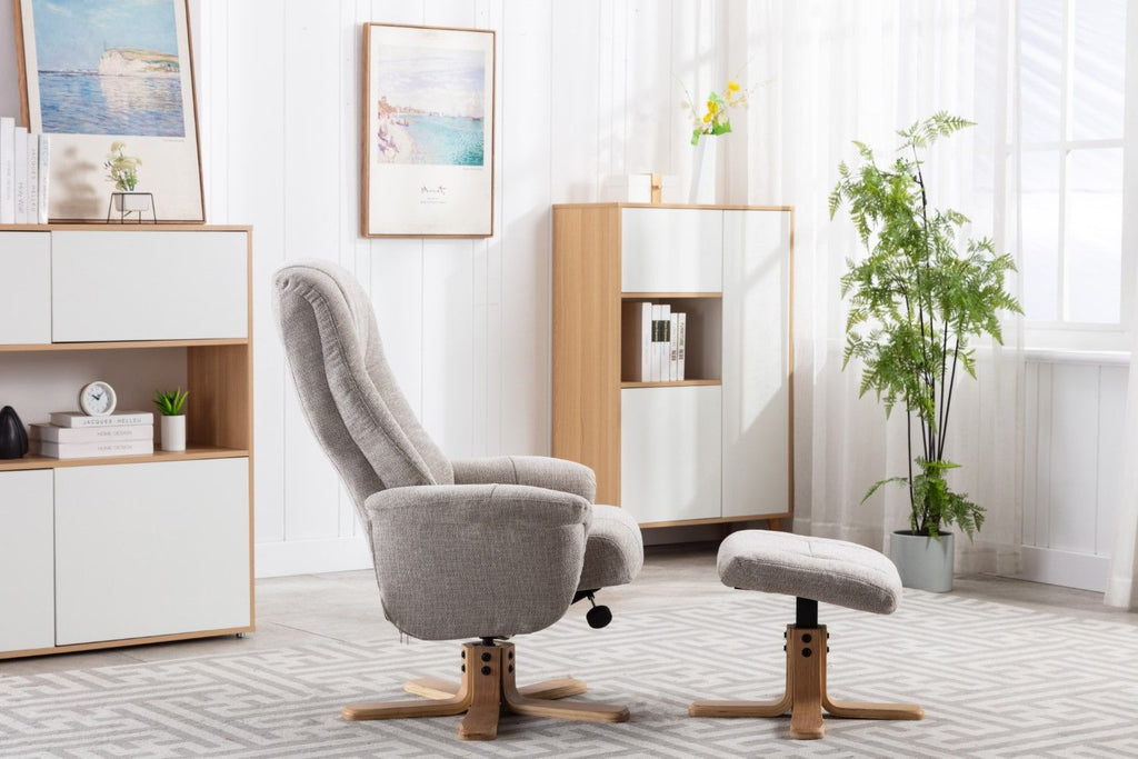 Sand Fabric Swivel Recliner with Footstool Oak Base