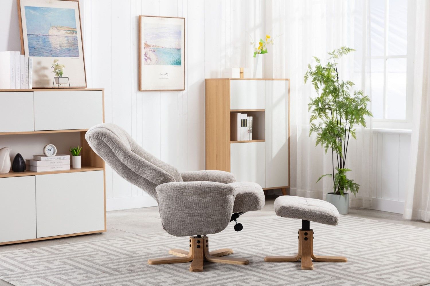 Sand Fabric Swivel Recliner with Footstool Oak Base