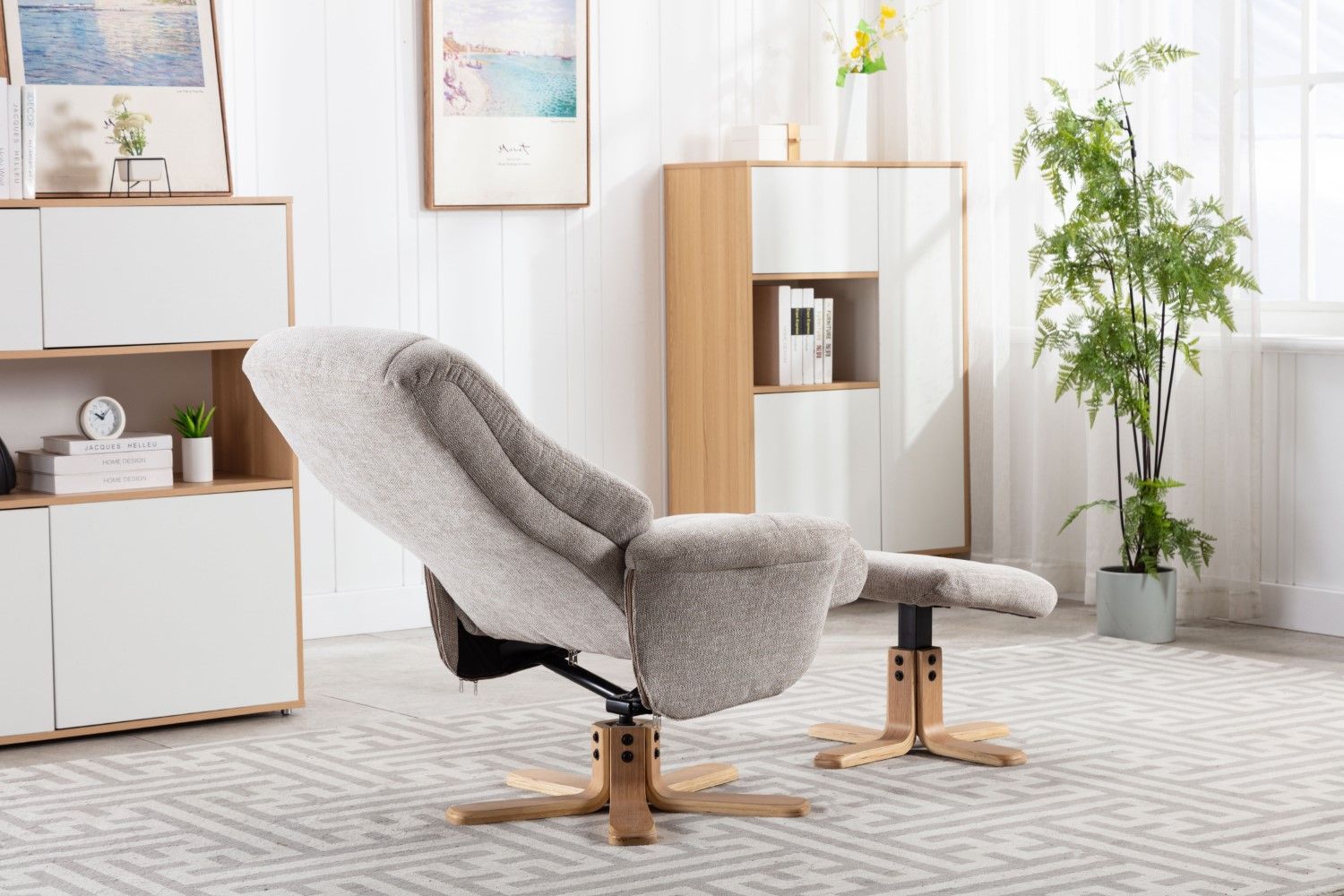 Sand Fabric Swivel Recliner with Footstool Oak Base