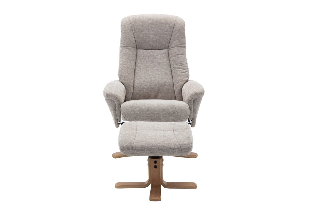 Sand Fabric Swivel Recliner with Footstool Oak Base