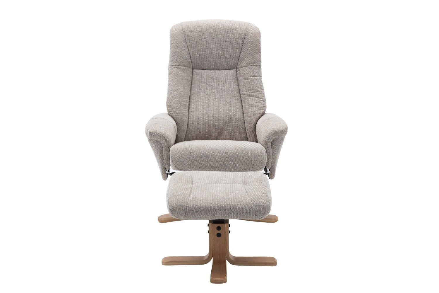 Sand Fabric Swivel Recliner with Footstool Oak Base