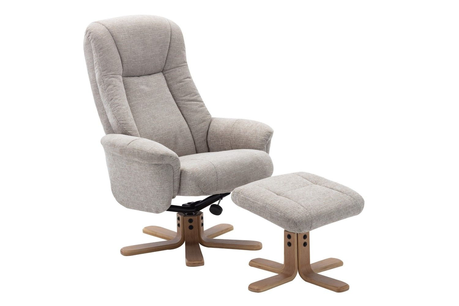 Sand Fabric Swivel Recliner with Footstool Oak Base