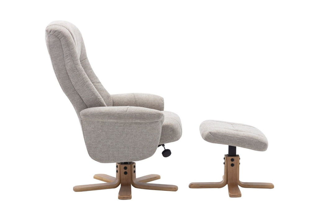 Sand Fabric Swivel Recliner with Footstool Oak Base