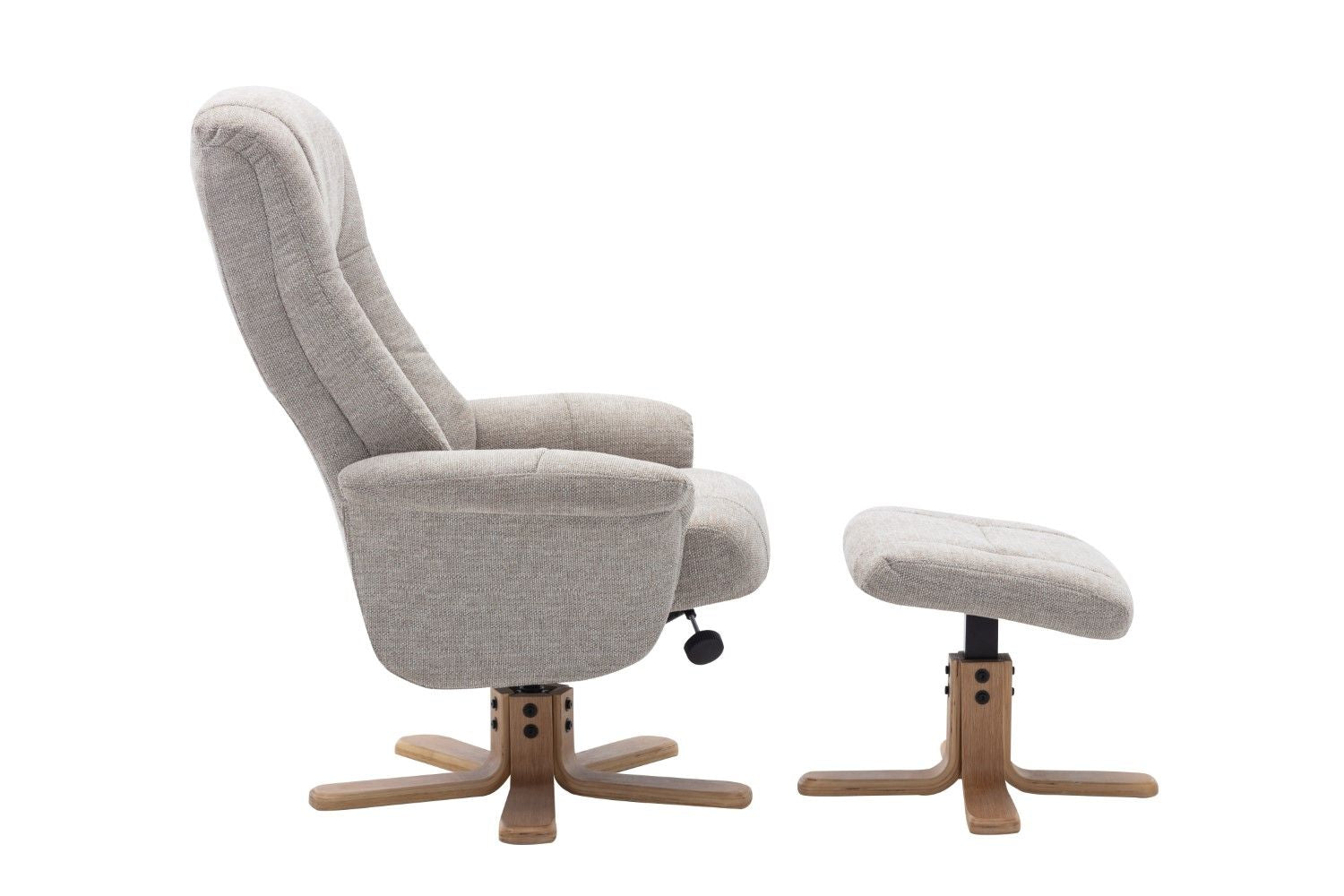 Sand Fabric Swivel Recliner with Footstool Oak Base