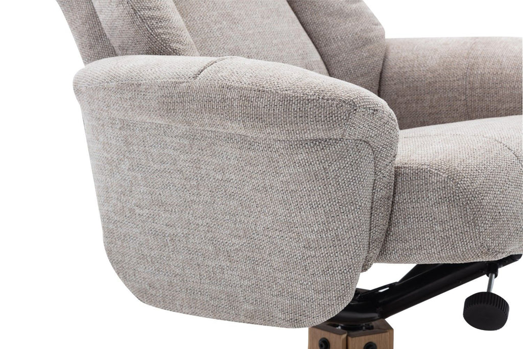 Sand Fabric Swivel Recliner with Footstool Oak Base