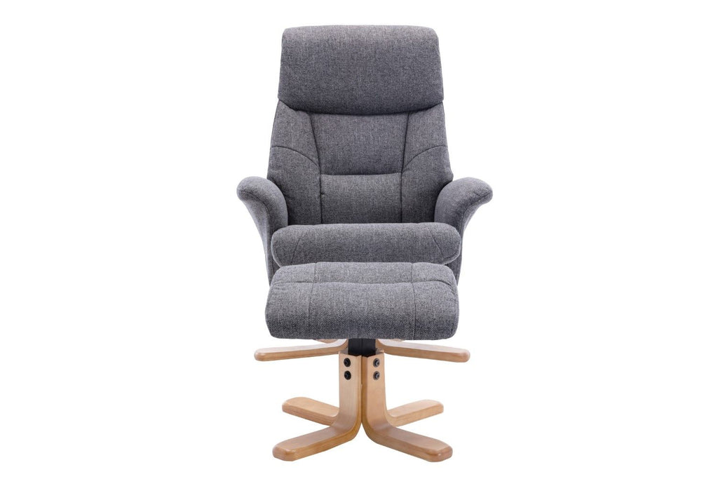 Slate Grey Fabric Swivel Recliner with Footstool Oak Base - Home Furniture Interiors