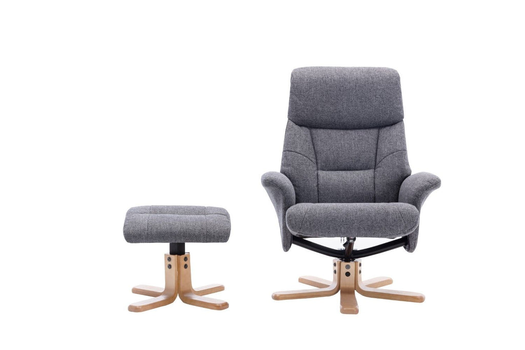 Slate Grey Fabric Swivel Recliner with Footstool Oak Base - Home Furniture Interiors