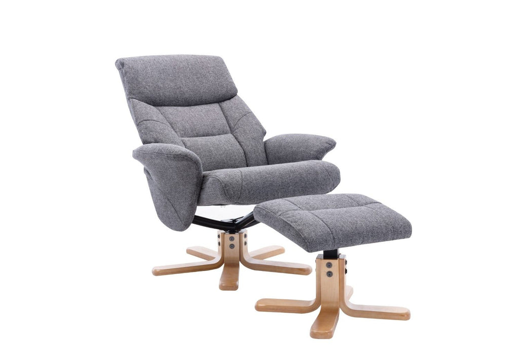 Slate Grey Fabric Swivel Recliner with Footstool Oak Base - Home Furniture Interiors
