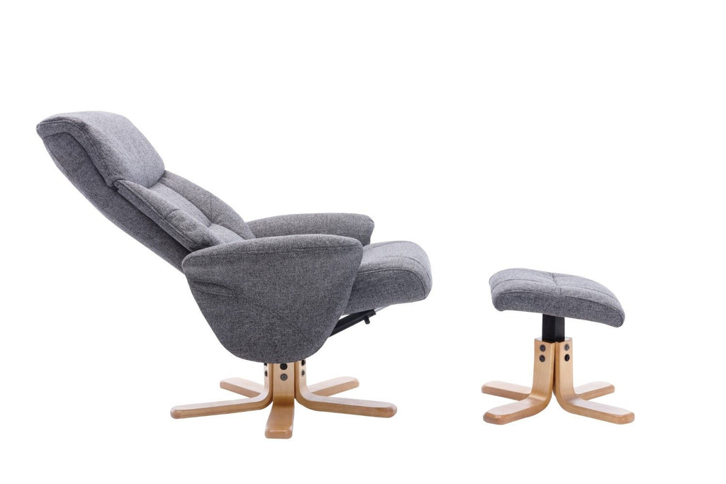 Slate Grey Fabric Swivel Recliner with Footstool Oak Base - Home Furniture Interiors