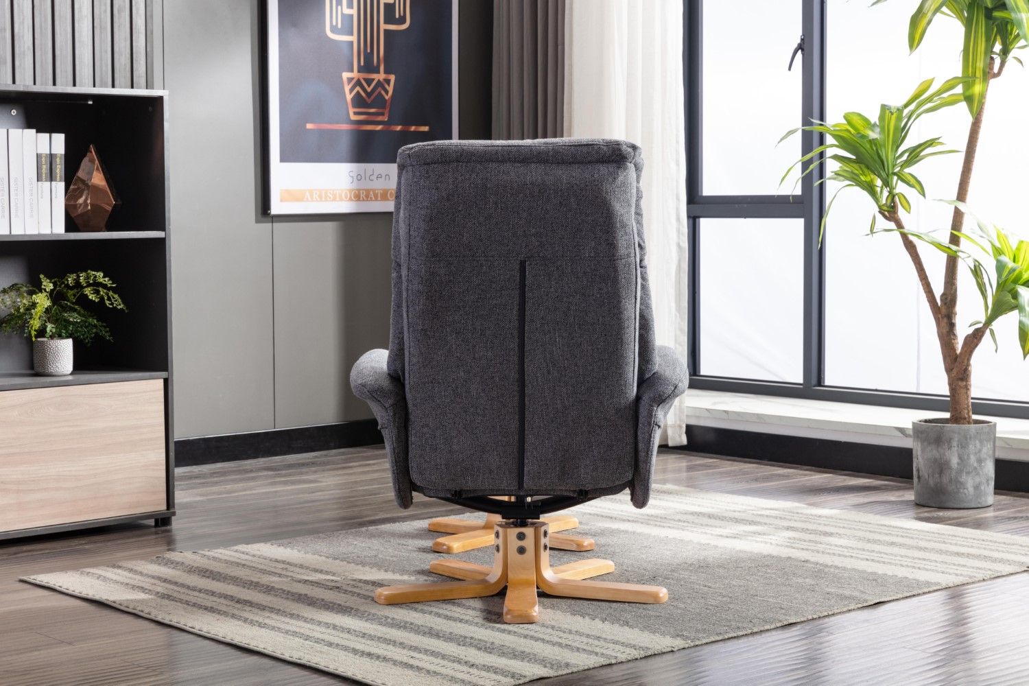 Slate Grey Fabric Swivel Recliner with Footstool Oak Base - Home Furniture Interiors