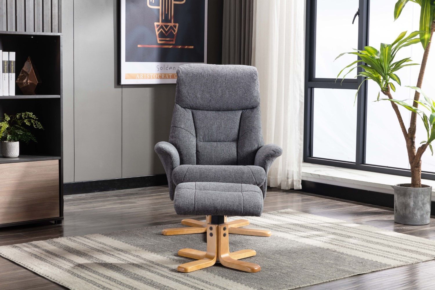 Slate Grey Fabric Swivel Recliner with Footstool Oak Base - Home Furniture Interiors