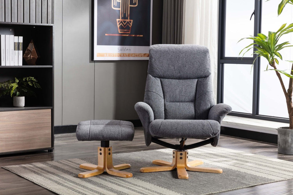Slate Grey Fabric Swivel Recliner with Footstool Oak Base - Home Furniture Interiors