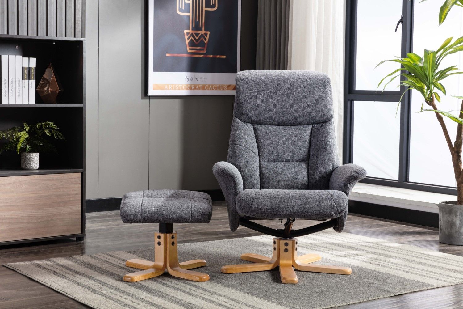 Slate Grey Fabric Swivel Recliner with Footstool Oak Base - Home Furniture Interiors