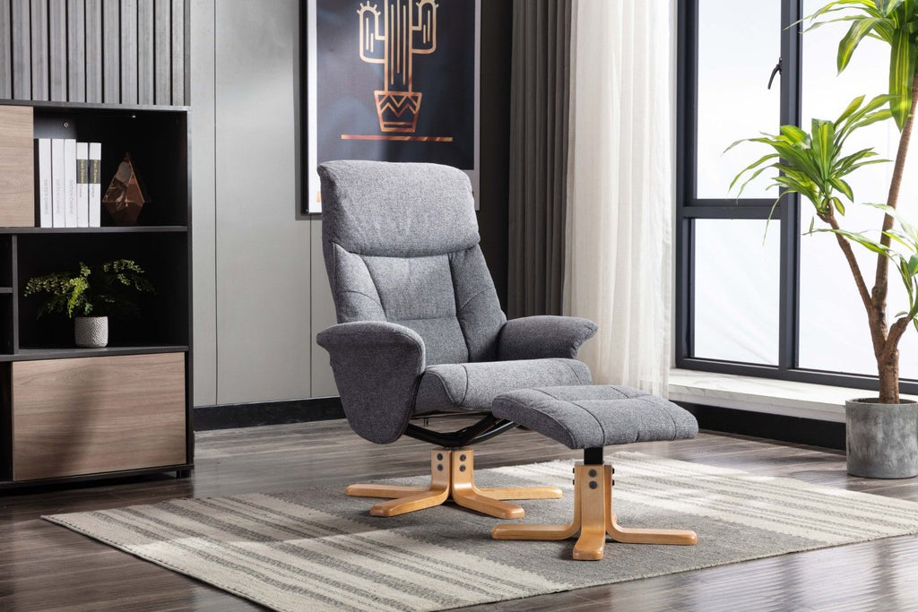 Slate Grey Fabric Swivel Recliner with Footstool Oak Base - Home Furniture Interiors
