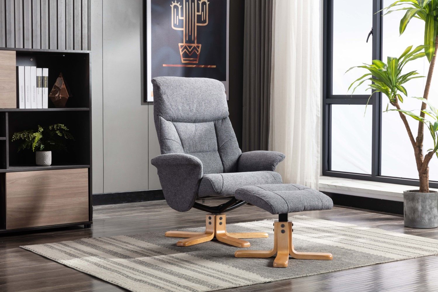 Slate Grey Fabric Swivel Recliner with Footstool Oak Base - Home Furniture Interiors
