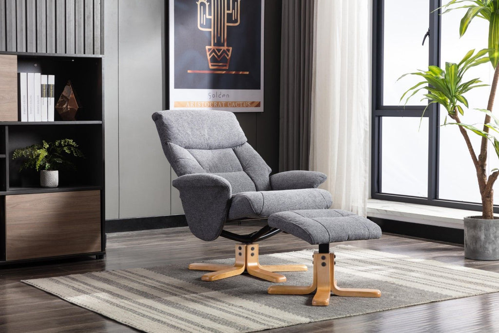 Slate Grey Fabric Swivel Recliner with Footstool Oak Base - Home Furniture Interiors