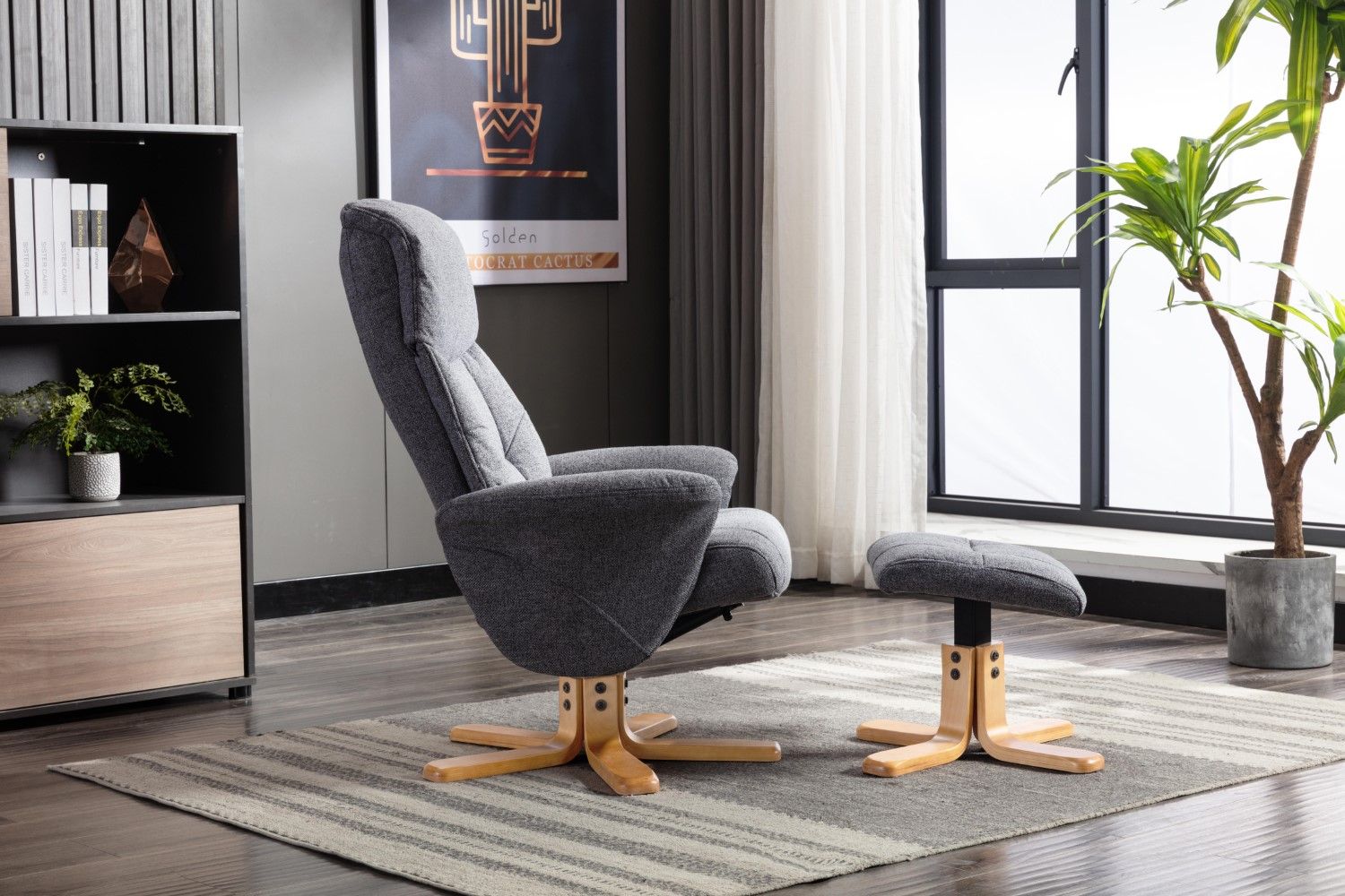 Slate Grey Fabric Swivel Recliner with Footstool Oak Base - Home Furniture Interiors