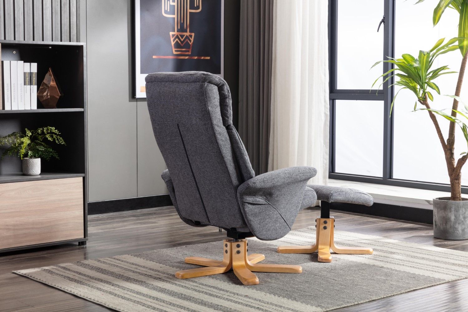 Slate Grey Fabric Swivel Recliner with Footstool Oak Base - Home Furniture Interiors