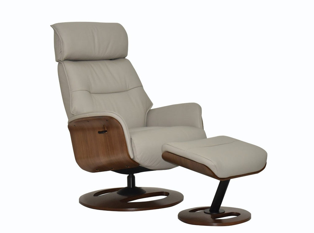 Taupe Leather Swivel Recliner with Integrated Footstool